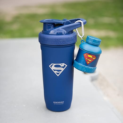 Smartshake Justice League Whey2Go Superman Protein Powder Storage Container 50g – BPA Free Shaker Bottle Funnel for Whey Protein Powder + Protein Shakes 110ml, DC Comics Superman Gifts for Men