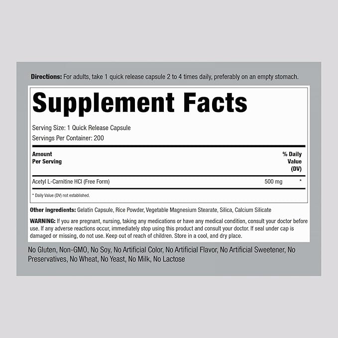 Piping Rock Acetyl L-Carnitine 500mg | 200 Capsules | HCL Supplement | Non-GMO, Gluten Free