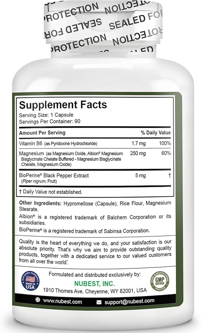 Magnesium Glycinate Chelate Complex with Albion Magnesium Bisglycinate Chelate, Magnesium Oxide, Vitamin B6 & BioPerine for Bone, Muscle, Natural Sleep, Nerve Function, Brain Booster - 90 Days Supply