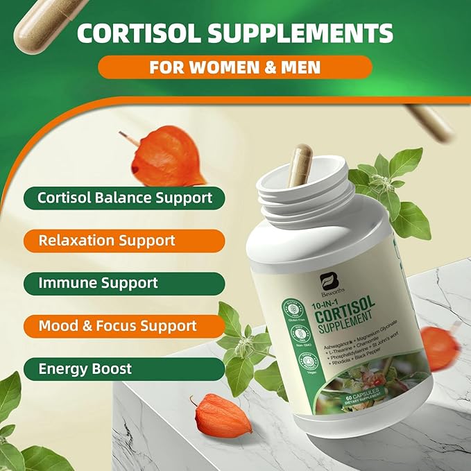 Cortisol Supplements for Women, 10-in-1 Cortisol Reducer Manager Supplements with Ashwagandha, Magnesium Glycinate, L-Theanine, Rhodiola, Non-GMO, 60 Vegan Capsules