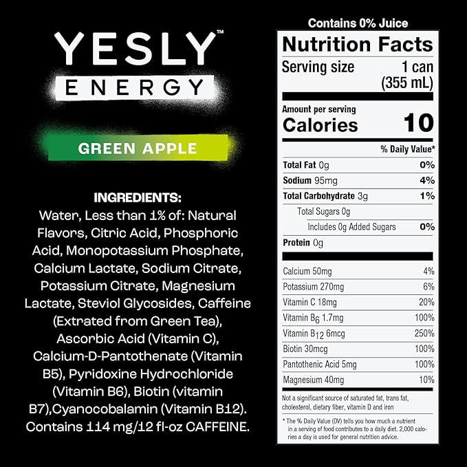 Yesly Energy Drink, Green Apple, Naturally Flavored Sparkling Energy Water With Electrolytes, Magnesium, Potassium, Vitamin C, B6 & B12, Natural Caffeine From Green Tea, 12 Fl Oz Cans, 12 Pack