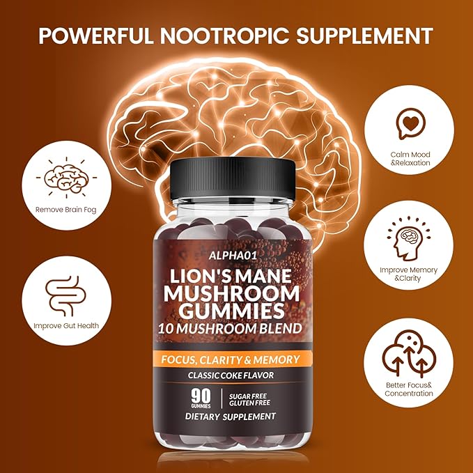 Mushroom Gummies - 10x Mushroom Supplement with Ashwagandha and Lions Mane - Nootropic Brain Supplement, Immune Support & Stress Relief (90 CT) Classic Coke