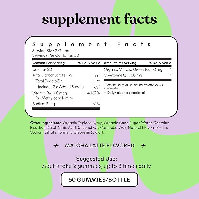 Lemme Matcha Superfood Energy Gummies with Organic Matcha Green Tea, Vitamin B12 and Antioxidant CoQ10 to Support Cellular Energy, Metabolism & Healthy Skin - Gluten Free, Non GMO (60 Count)