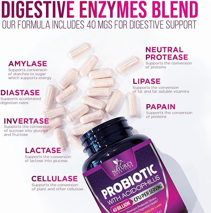 Probiotics 60 Billion CFU per Serving - 10 Strains + Prebiotics - Immune, Digestive & Gut Health Support, Supports Occasional Constipation, Gas & Bloating for Women & Men, Shelf Stable - 120 Capsules