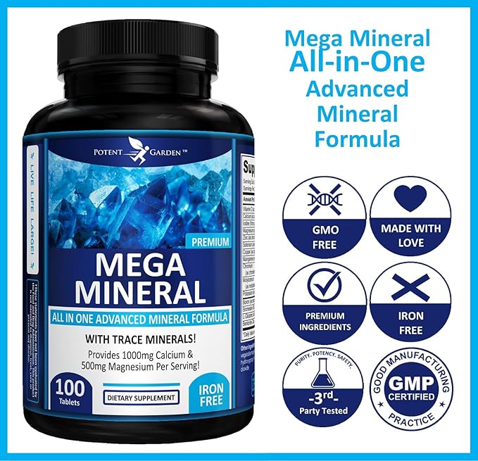 Potent Garden Mega Mineral Supplement Complete Mineral Complex with Calcium Magnesium Zinc Potassium Boron Selenium Chromium & 72 Trace Minerals Iron Free Calcium Supplement -100 Pills