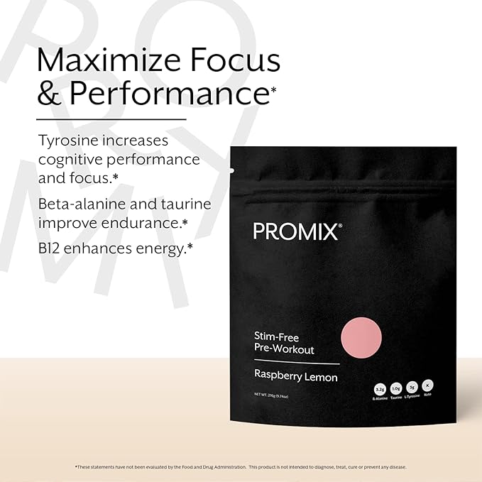 Promix Stim-Free Pre-Workout Powder, Raspberry Lemon - 30 Servings, 274g - Maximize Focus, Energy & Performance - Vitamin B12, Taurine, Beta-Alanine & L-Tyrosine - Free of Gluten, Dairy & Caffeine