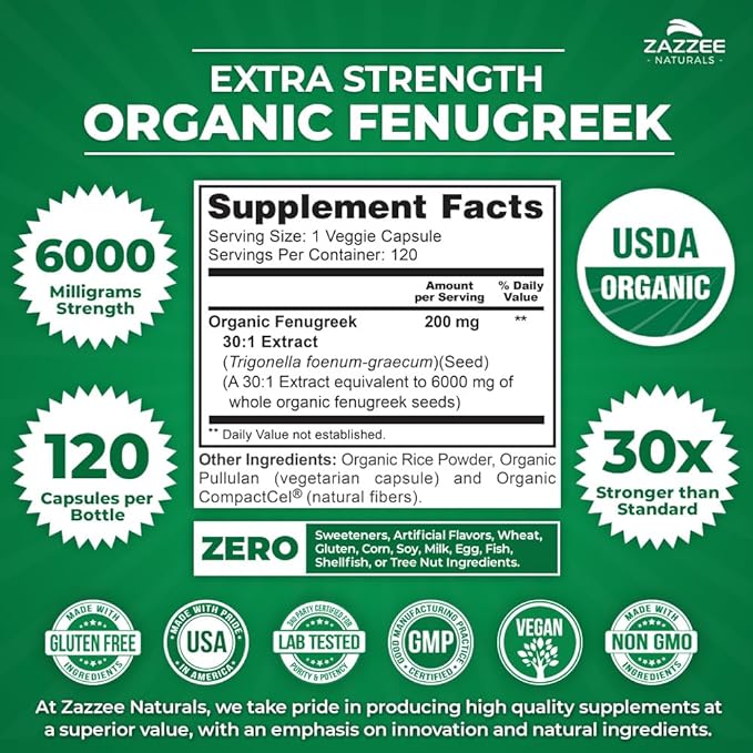 Zazzee USDA Organic Fenugreek 30:1 Extract, 6000 mg Strength, 120 Vegan Capsules, 4 Month Supply, Standardized and Concentrated 30X Extract, 100% Vegetarian, All-Natural and Non-GMO