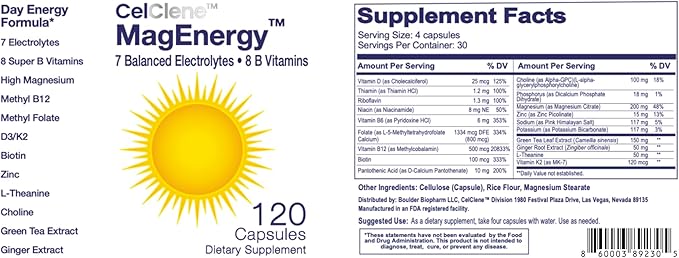 MagEnergy 7 Electrolytes, 8 Super B Vitamins, High Magnesium, High Methyl B12, Methyl Folate, D3/K2, Biotin, Zinc for Hydration, Energy, L-Theanine, Choline, Green Tea, Ginger Extracts