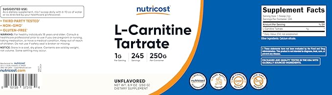 Nutricost L-Carnitine Tartrate Powder (250 Grams) - 1 Gram per Serving, 245 Servings
