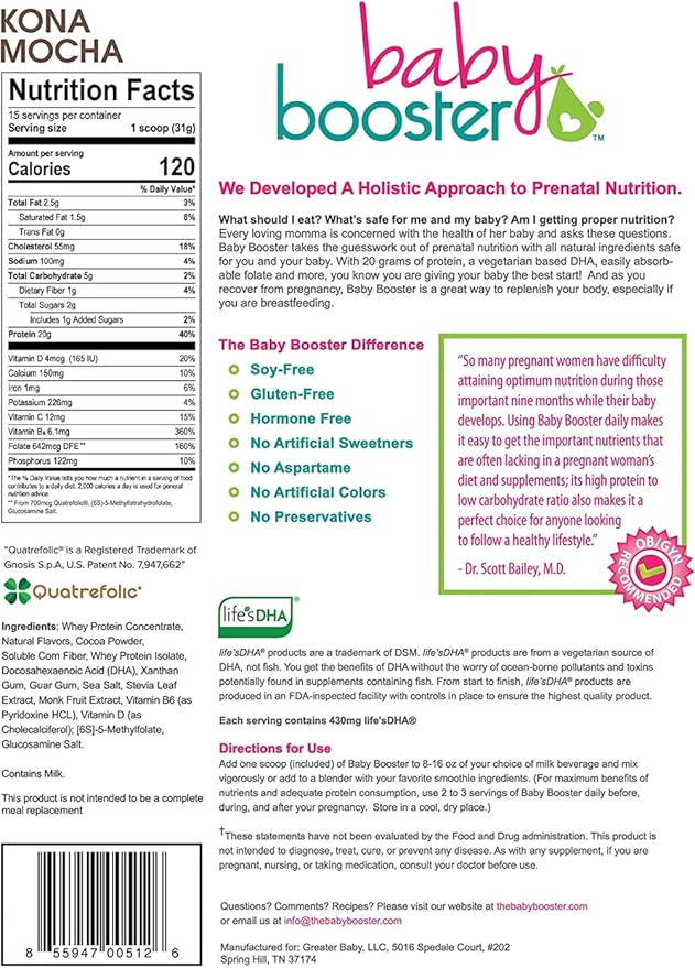Baby Booster Chocolate Mocha Prenatal Vitamin Supplement and Protein Shake,Caffeine Free,All Natural,Vegetarian DHA,High Protein,Methyl Folate,B Vitamins,Great for Morning Sickness,16.4Oz(1.03LB) 465G
