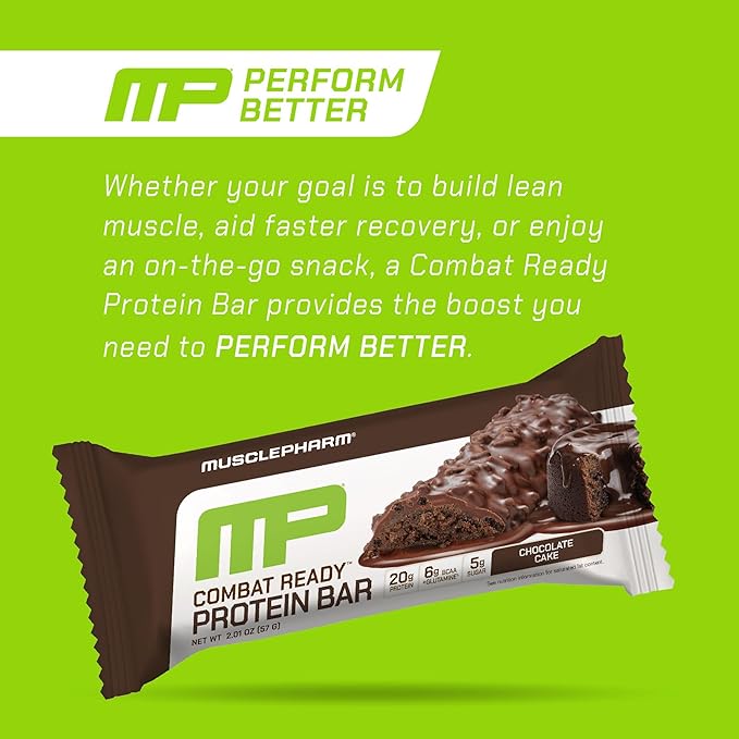 MusclePharm Combat Ready Chocolate Cake Protein Bars, High Protein Bars, Combat Cravings, Fuel Performance & Meet Energy Demands, 20g Protein from Whey Protein, 5g Fiber, Gluten Free, 4 Bars
