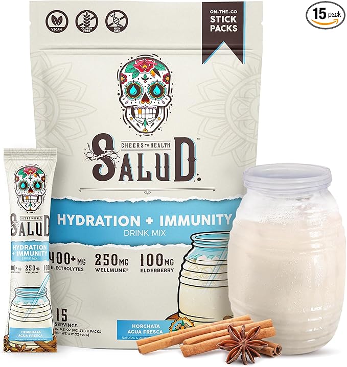 Salud 2-in-1 Hydration Packets + Immunity Electrolytes Powder, Horchata - Jamaica Agua Fresca Drink Mix, Elderberry, Dairy & Soy Free, Non-GMO, Gluten Free, Vegan, Low Calorie, 1g Sugar (15 Servings)