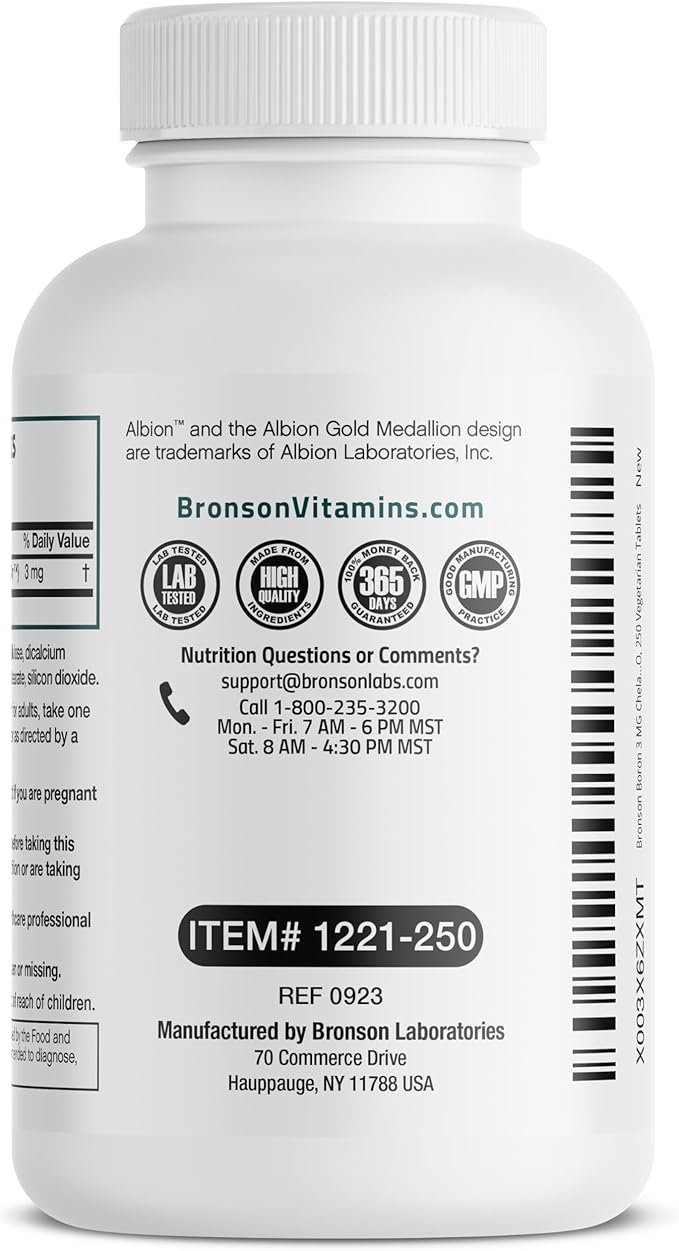 Bronson Boron 3 MG Chelated Superior Absorption Supports Bone Health Trace Mineral, Non-GMO, 250 Vegetarian Tablets