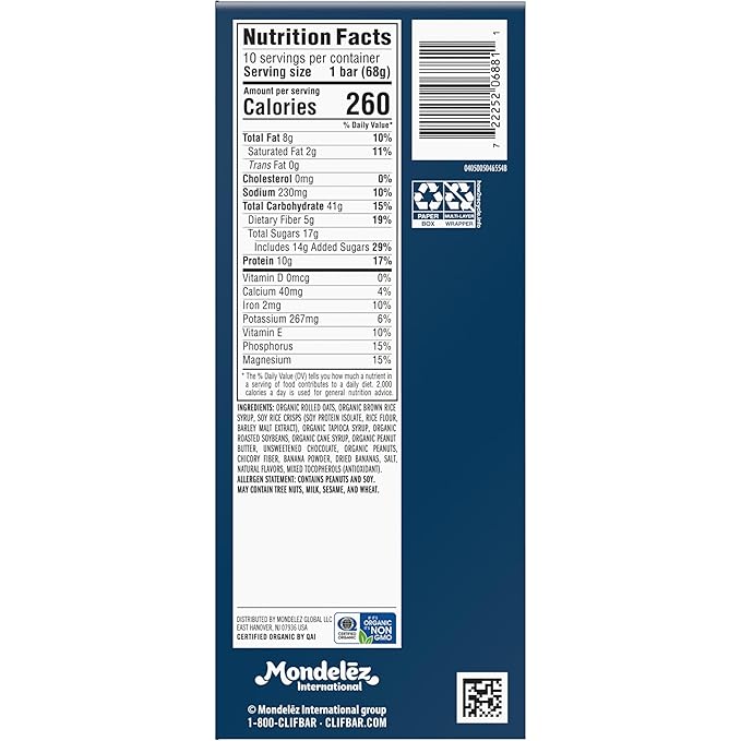 CLIF BAR - Peanut Butter Banana with Dark Chocolate Flavor - Made with Organic Oats - Energy Bars - Non-GMO - Plant Based Protein Bars (10 Pack)