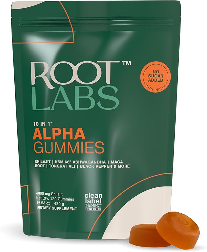 Root Labs10-1 Alpha Gummies | 4000 mg Shilajit I 75% Fulvic Acid | KSM 66 Ashwagandha | Maca Root| Tongkat Ali | No Added Sugar | GMO Free I Vegan I Clean Lab Project Certified I 120 Gummies