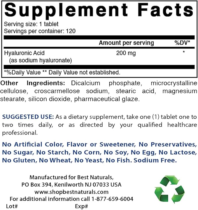 Best Naturals Hyaluronic Acid 200 mg 120 Tablets (Non-GMO, Gluten Free) - Promotes Youthful Healthy Skin & Healthy Joint Function (120 Count (Pack of 1))