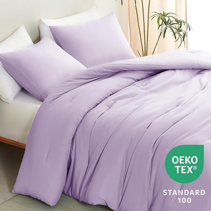 CozyLux Lavender Purple Comforter Set Queen Size, 3 Pieces Solid Breathable Quilted Boho Style Bedding Sets, Luxury Fluffy Soft Microfiber Comforter for All Season(1 Comforter & 2 Pillowcases)