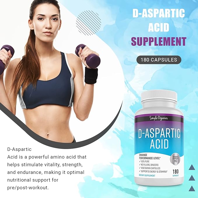 D-Aspartic Acid Supplement, No Gluten, Binders or Fillers, Dietary Pills for Energy Support, 3000mg D-Aspartic Acid per Serving, 180 Non-GMO Vegan Capsules