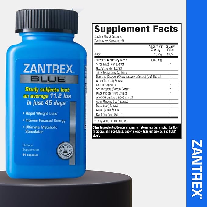 Zantrex Blue Energy & Thermogenesis Boost Energy | Weight Loss Supplement for Appetite Control, Increased Calorie Burn and Supports GLP-1 Levels | 84 Capsules