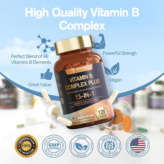 13-in-1 Vitamin B Complex Plus with Vitamin B1, B2, B3 (Niacin), B4, B5, B6, B7 (Biotin), B8 (Inositol), B9 (Folate), B12, C, D3, K2 for Energy, Nerve, Immune, Skin - 120 Caps per Bottle - 2 Bottles