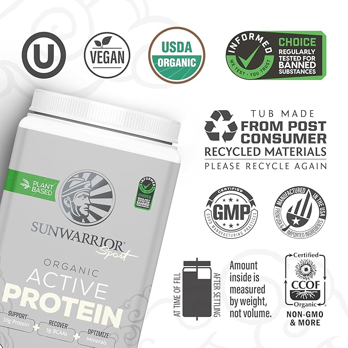 Sunwarrior Vegan Protein Powder USDA Organic Protein Powder Blend| Plant-Based BCAA Sugar Free Gluten Free Non-GMO Dairy Free | Cake Batter Flavored 20 Servings | Sport Organic Active Protein