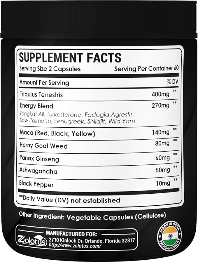 Zolotus 13in1 Tribulus Terrestris Capsules with Maca, Horny Goat Weed, Panax Ginseng, Saw Palmetto, Tongkat Ali, Shilajit & More - Energy, Stamina Supplement for Men & Women - 120 Counts