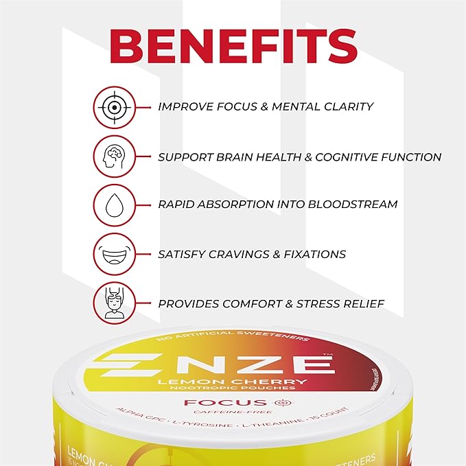 NZE Caffeine Free Nootropic Pouches (Lemon Cherry) - Nootropic Pouches with Alpha GPC, L-Tyrosine & L-Theanine - No Sugar or Artificial Sweeteners - 15 Nicotine Free Pouches Per Can - 5 Pack