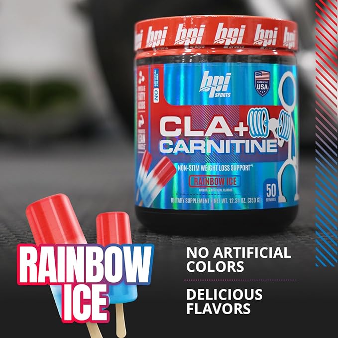 BPI Sports CLA + Carnitine – Conjugated Linoleic Acid – Performance, Lean Muscle – Caffeine Free – For Men & Women – Rainbow Ice – 50 servings – 12.34 Oz. (Packaging may vary)