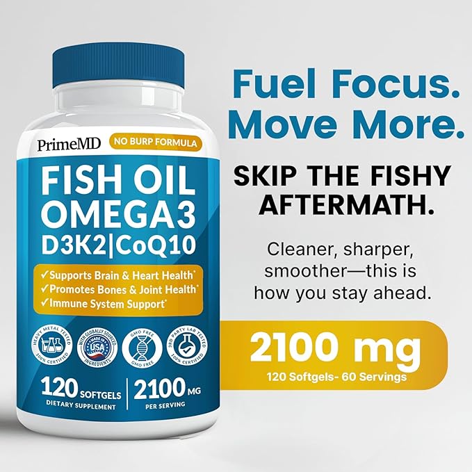 5-in-1 Fish Oil Omega 3 Supplements (2100mg) - Fish Oil with Vitamins D3 & K2 and CoQ10 - EPA DHA Omega 3 Supplement - Lemon Flavored Fatty Acid Supplements, Pack of 2