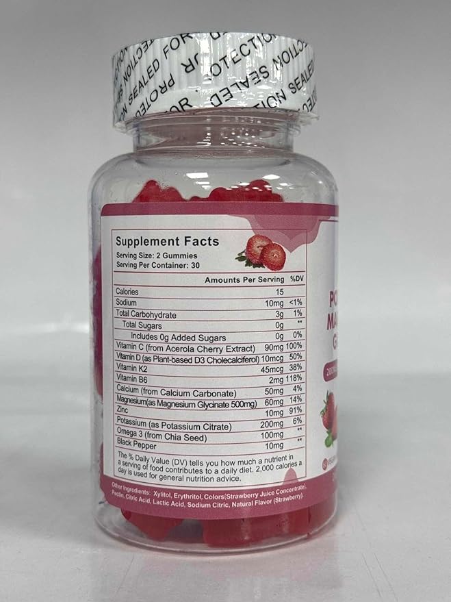 Potassium Magnesium Gummies - High Absorption Magnesium Glycinate & Potassium Citrate 200mg Plus Omega 3, B6, D3, K2 & Calcium - Chewable Gummy for Immunity & Energy - Strawberry Flavor - 60 Count