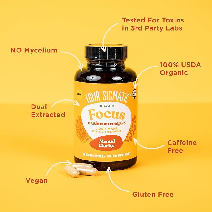 Four Sigmatic Focus Capsules | Lion's Mane Supplement Capsules | Brain Boosting Complex with Ashwagandha, Bacopa Monnieri & Rhodiola | Vegan Nootropic Adaptogen & Mushroom Supplement | 30 Servings