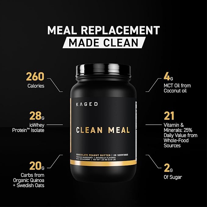 Kaged Clean Meal Replacement Shake with Whey Protein Isolate, Chocolate Peanut Butter, Clean Carbs, MCT Oil Fats, Organic Vitamins and Minerals, 20 Servings