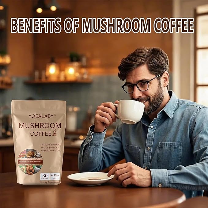 Mushroom Coffee,Organic 6 Adaptogenic Mushrooms Cordyceps, Reishi, Lion's Mane - Enhanced with MCT Oil, Non-GMO Instant Coffee - 180g, 30 Servings - Enhances Focus, Energy & Immunity