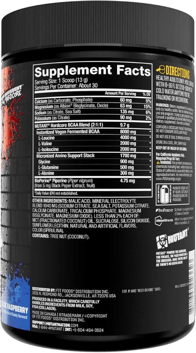 Mutant Hardcore BCAA - Pre, Intra or Post Workout – BCAA Next Level branched-Chain Amino Acids Supplement – Hydration + Recovery - 30 Serving - Blue Raspberry
