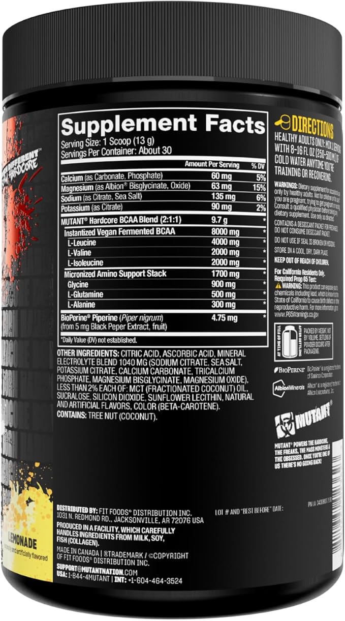 Mutant Hardcore BCAA - Pre, Intra or Post Workout – BCAA Next Level branched-Chain Amino Acids Supplement – Hydration + Recovery - 30 Serving - Lemonade