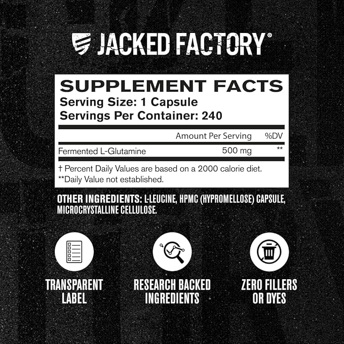Jacked Factory L-Glutamine Capsules 500mg - Vegan Fermented L Glutamine Supplement for Post Workout Muscle Recovery, Immunity, Digestive Health - 240 Capsules