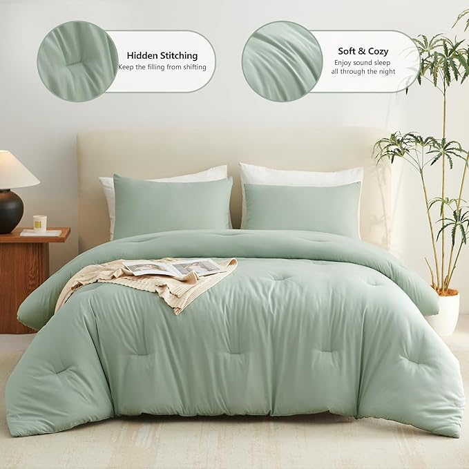 CozyLux Sage Green Comforter Set Queen Size, 3 Pieces Solid Breathable Quilted Style Bedding Sets, Luxury Fluffy Soft Microfiber Comforter for All Season(1 Comforter & 2 Pillowcases)