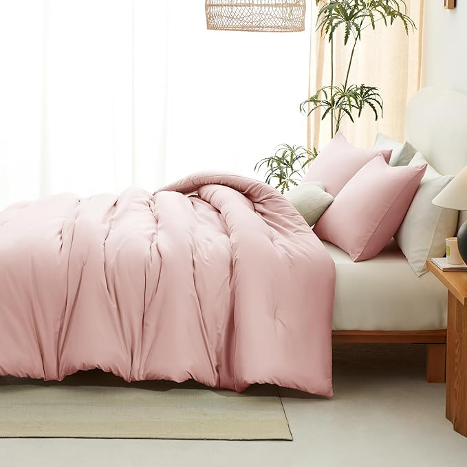 CozyLux Blush Pink Comforter Set Full Size for Girls, 3 Pieces Women Solid Breathable Quilted Boho Style Bedding Sets, Luxury Fluffy Soft Microfiber Comforter & 2 Pillowcases All Season