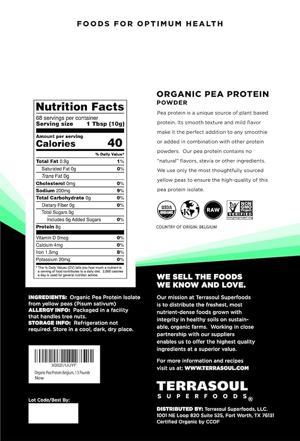 Terrasoul Superfoods Organic Pea Protein, 1.5 Lbs - European Sourced | Unflavored | Smooth Texture