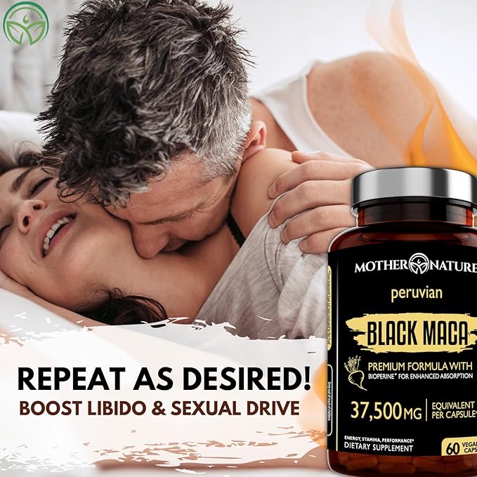 Mother Nature 37,500mg 50x Strength Organic High-Potency Peruvian Black Maca Root Capsules for Men 100% Pure Maca Peruana 50:1 Extract to Boost Stamina, Enegy, Muscle Gain - 60ct