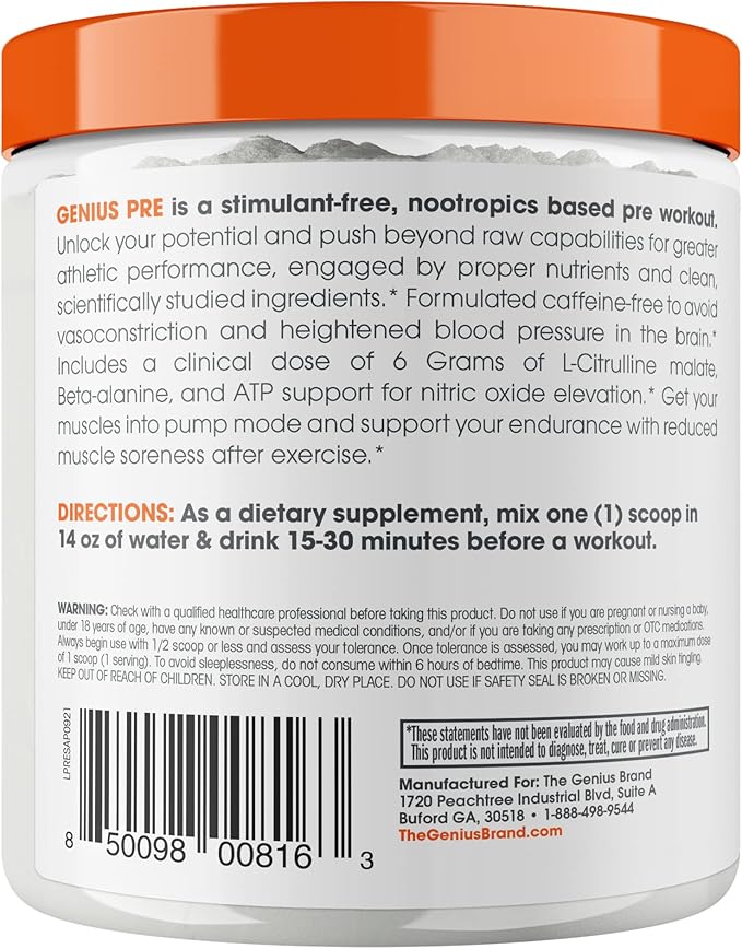 Genius Pre Workout Powder, Sour Apple - All-Natural Nootropic Pre-Workout & Caffeine-Free Nitric Oxide Booster Supplement with Beta Alanine & Alpha GPC - No Artificial Flavors, Sweeteners, or Dyes