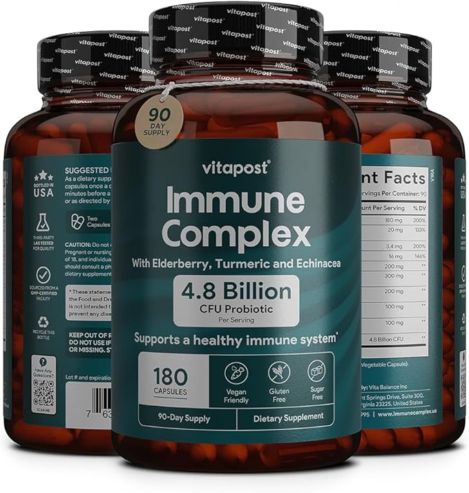 Immune Complex Supports a Healthy Immune System with Vitamin C, Elderberry, Zinc, Echinacea, Garlic & Turmeric. Dietary Supplement, 180 Capsules