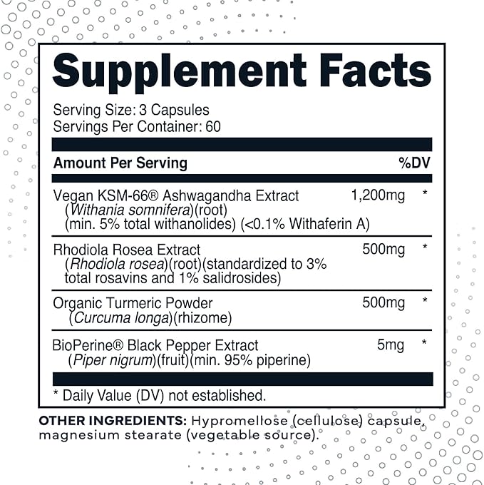 Type Zero KSM-66 Ashwagandha Root Extract 1,200mg, 60 Servings - High Potency 5% Withanolides - with Turmeric, Rhodiola Rosea and BioPerine Black Pepper Extract - 180 Veggie Caps