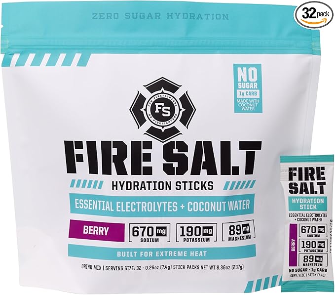 Fire Science Fire Salt Hydration Sticks, Electrolytes & Coconut Water, Hydration Drink Mix with Magnesium, Potassium & Sodium, Zero Sugar, Single Serve On The Go Packs, Berry Flavor, 32 Count