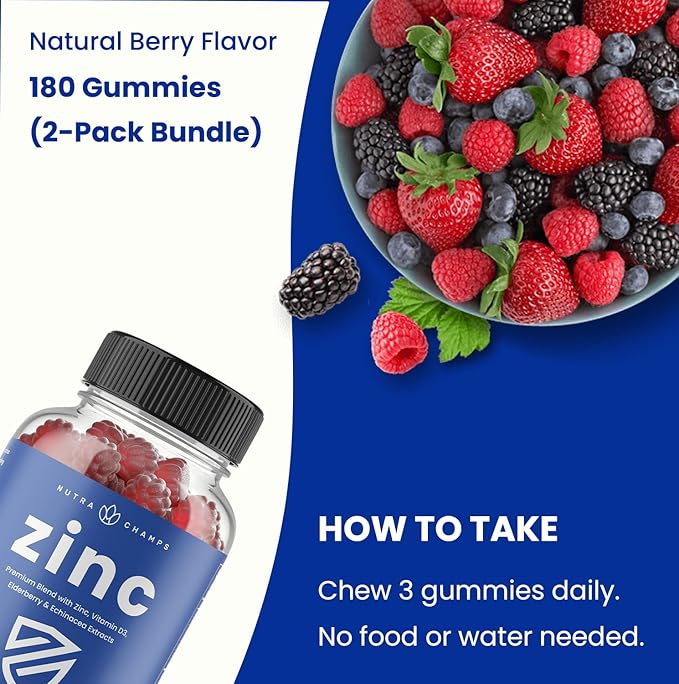 NutraChamps 4-in-1 Zinc Gummies, 50mg Chewable Zinc Supplement Gummies with Vitamin D3 2000 IU, Elderberry & Echinacea, Immune, Heart & Brain Support, 180 Count (Pack of 2)