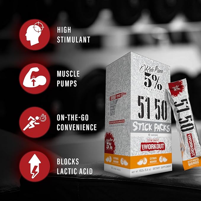 5% Nutrition Rich Piana 5150 High Stim Pre-Workout Powder Packets | Extreme Energy, Focus, Pumps & Endurance | 513 mg Caffeine Complex, Citrulline, Beta Alanine, L-Tyrosine (Citrus Mango) (10 Count)