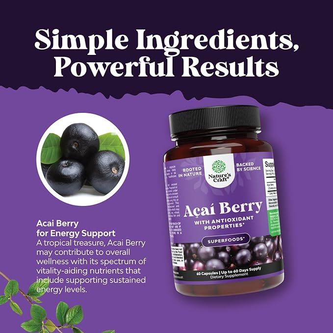 Acai Berry Capsules Antioxidant Supplement - Acai Berry Cleanse Superfood Supplement for Brain Booster Heart Health and Natural Energy Boost - Capsules and Memory for Brain Health