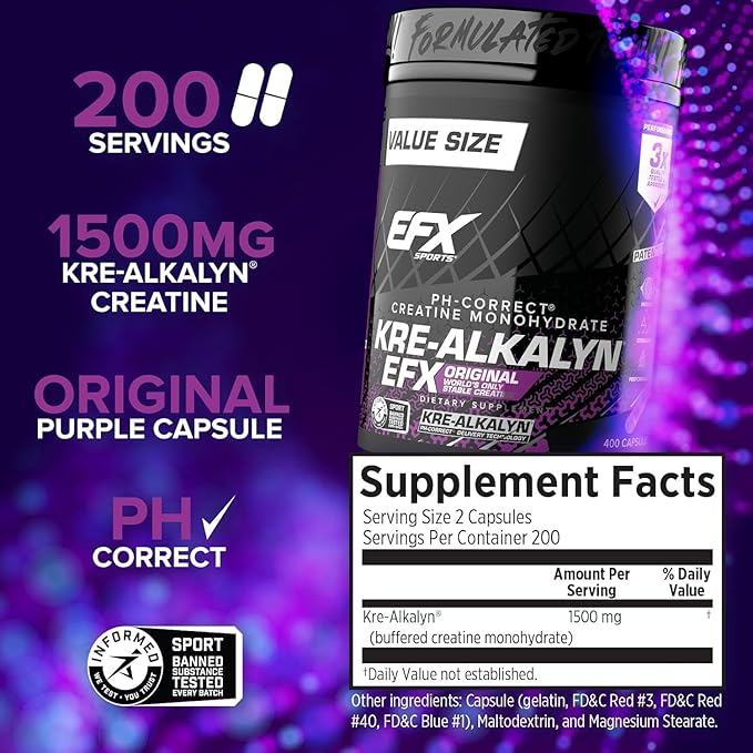 EFX Sports Kre-Alkalyn EFX | pH Correct Creatine Monohydrate Pill Supplement | Strength, Muscle Growth & Performance | 200 Servings, 400 Capsules