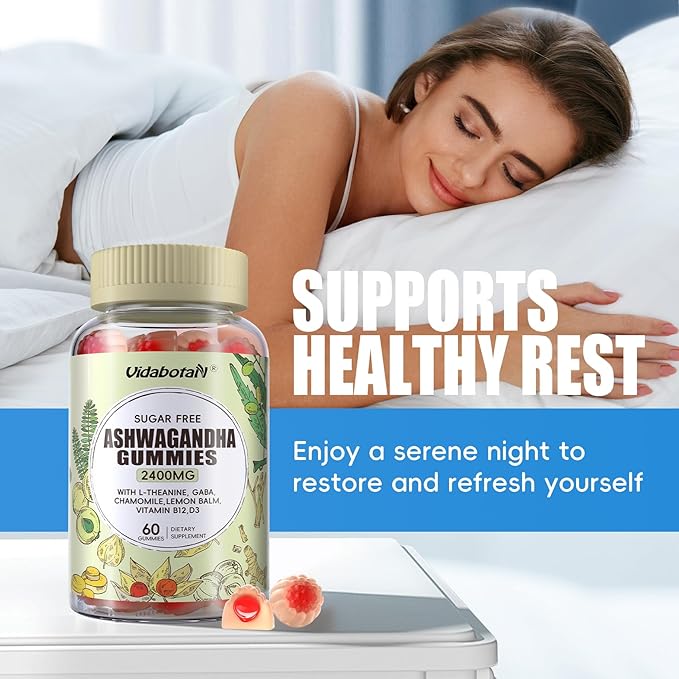 2 Pack Sugar Free Ashwagandha Gummies 2400mg for Women & Men, Ashwagandha Gummy with L-theanine, GABA, Lemon Balm for Calm,Zzzs and Energy Support, Mixed Berries Flavor 120 Count