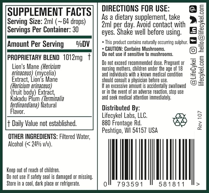 Lifecykel Lion's Mane Mushroom Extract w/Kakadu Plum- Memory Focus Clarity REM Sleep-100% Organic Mushrooms Brain Booster Nootropic Brain Supplement Focus Supplement Made in US, 2 Fl oz (30 Servings)